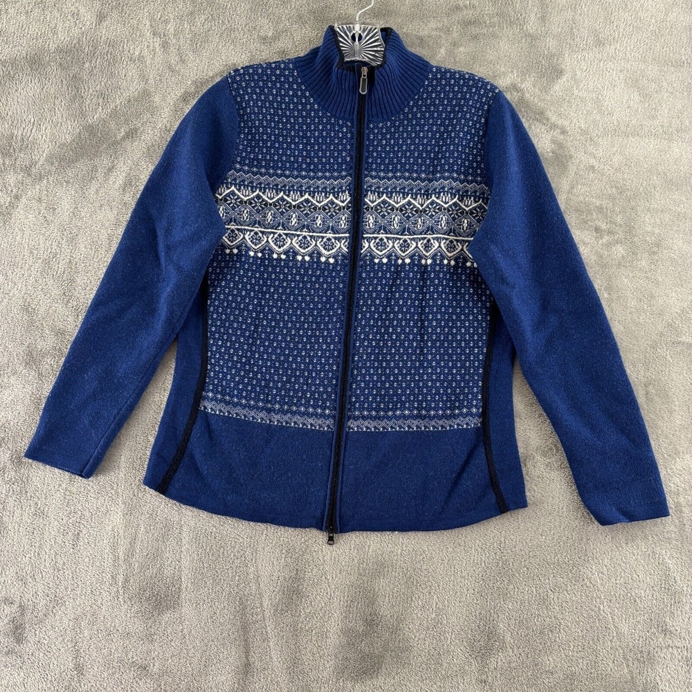 Eddie Bauer‎ Fair Isle Full Zip Cardigan Womens L Blue Merino Wool Angora Blend